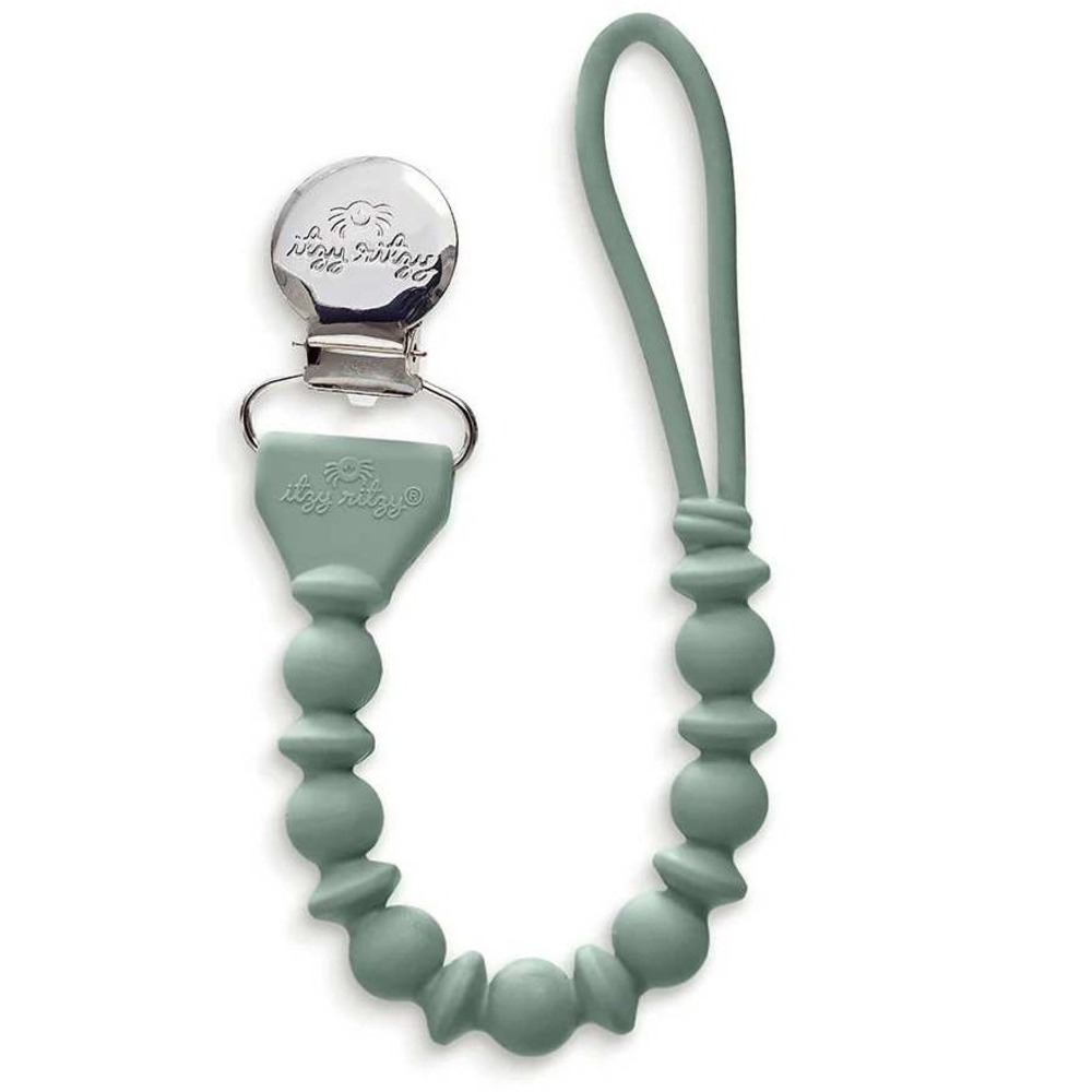 Itzy Ritzy silicone pacifier clip in a sage green color